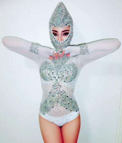 Costume de tricou cu mâneci lungi sexy pentru femeie ținută cu cristale strasuri Body cântăreț negru Dj tifon Body cu diamant strălucitor