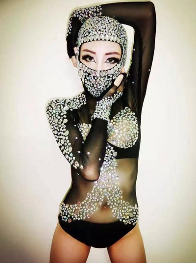 Costume de tricou cu mâneci lungi sexy pentru femeie ținută cu cristale strasuri Body cântăreț negru Dj tifon Body cu diamant strălucitor
