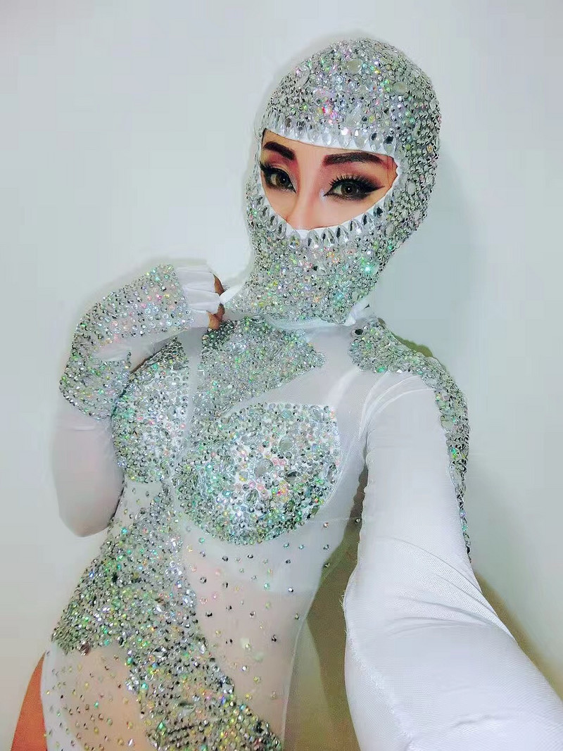 Costume de tricou cu mâneci lungi sexy pentru femeie ținută cu cristale strasuri Body cântăreț negru Dj tifon Body cu diamant strălucitor