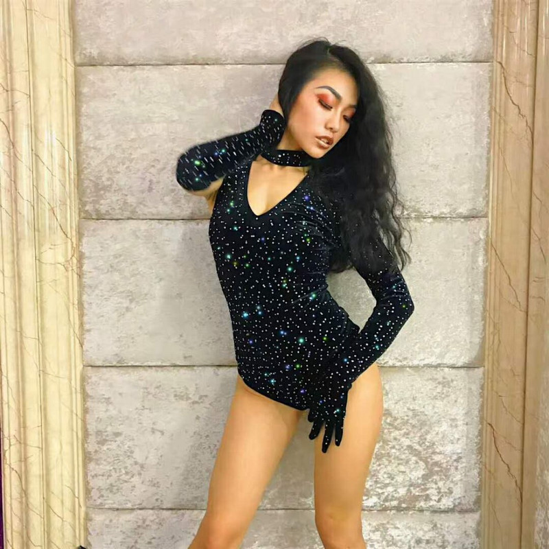 Σέξι Stage Μαύρο κορμάκι Crystal Catsuit Nightclub Ρούχα DJ DS Singers Jumpsuit Σέξι Stage Wear Στολή Bling