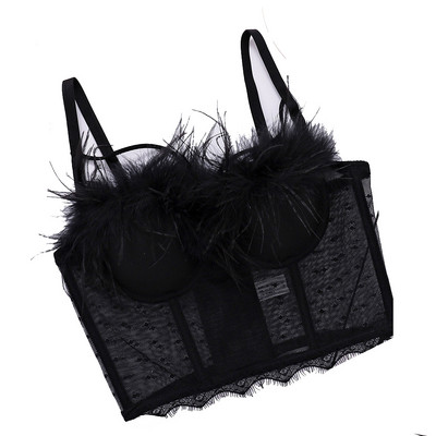 Carasol din plasă din dantelă Honviy, îmbrăcăminte exterioară pentru femei, bralette, stil de scenă, lenjerie cu capul gol, sexy, sutien din tub cu pene reale