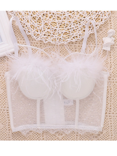 Carasol din plasă din dantelă Honviy, îmbrăcăminte exterioară pentru femei, bralette, stil de scenă, lenjerie cu capul gol, sexy, sutien din tub cu pene reale