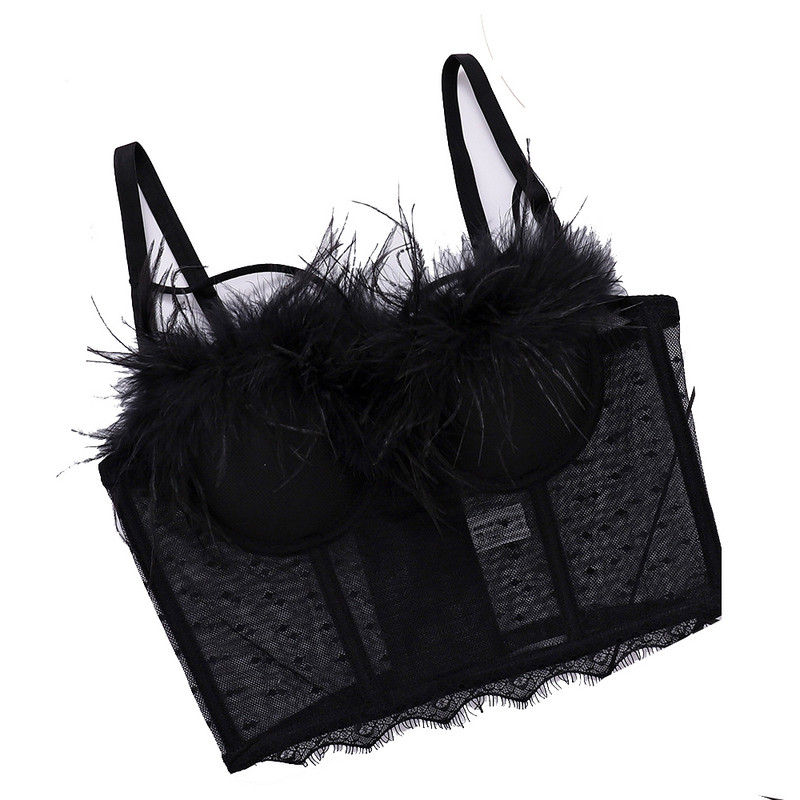 Carasol din plasă din dantelă Honviy, îmbrăcăminte exterioară pentru femei, bralette, stil de scenă, lenjerie cu capul gol, sexy, sutien din tub cu pene reale