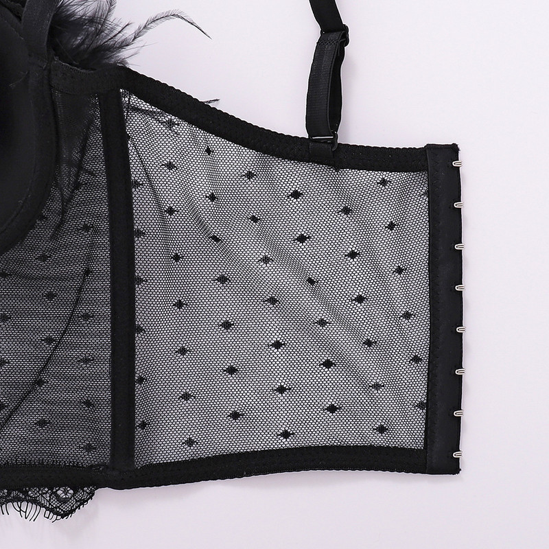 Carasol din plasă din dantelă Honviy, îmbrăcăminte exterioară pentru femei, bralette, stil de scenă, lenjerie cu capul gol, sexy, sutien din tub cu pene reale