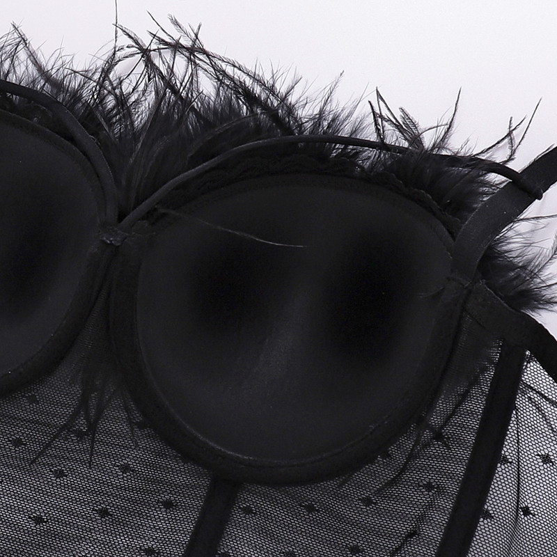 Carasol din plasă din dantelă Honviy, îmbrăcăminte exterioară pentru femei, bralette, stil de scenă, lenjerie cu capul gol, sexy, sutien din tub cu pene reale