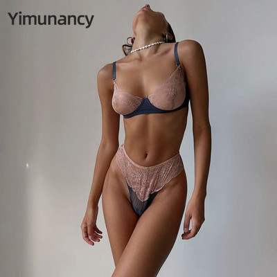 Γυναικείο Σετ σουτιέν με δαντέλα 2 τεμαχίων Yimunancy με αντίθεση χρώματος Διαφανές Vintage Ερωτικό Σετ Patchwork Breif Kit
