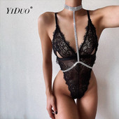 YiDuo V-Neck Cut Out Chest Δαντελένιο κορμάκι Γυναικεία εσώρουχα Σέξι μαύρο κορμάκι 2020 Ερωτικό διάφανο κορμάκι για πάρτι