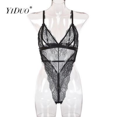 YiDuo V-Neck Cut Out Chest Δαντελένιο κορμάκι Γυναικεία εσώρουχα Σέξι μαύρο κορμάκι 2020 Ερωτικό διάφανο κορμάκι για πάρτι