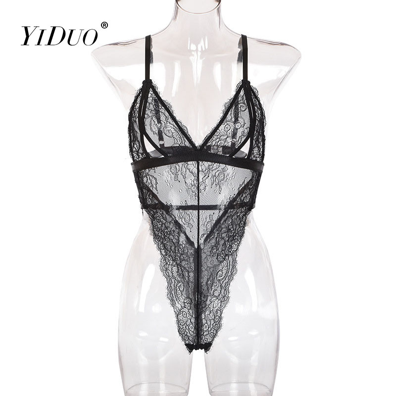YiDuo V-Neck Cut Out Chest Δαντελένιο κορμάκι Γυναικεία εσώρουχα Σέξι μαύρο κορμάκι 2020 Ερωτικό διάφανο κορμάκι για πάρτι