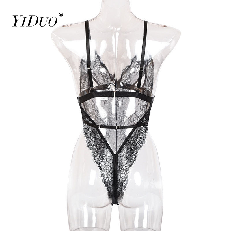 YiDuo V-Neck Cut Out Chest Δαντελένιο κορμάκι Γυναικεία εσώρουχα Σέξι μαύρο κορμάκι 2020 Ερωτικό διάφανο κορμάκι για πάρτι