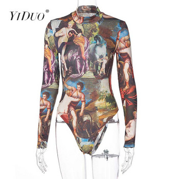 YiDuo Vintage Character Print Bodysuit с дълъг ръкав 2020 Есен Streetwear Дамски тесни Bodycon гащеризон Femme Секси бодита