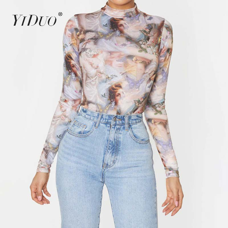 Body cu mânecă lungă cu imprimeu de epocă YiDuo, pentru toamna 2020, îmbrăcăminte de stradă pentru femei, salopetă slăbănogită, body sexy pentru femei