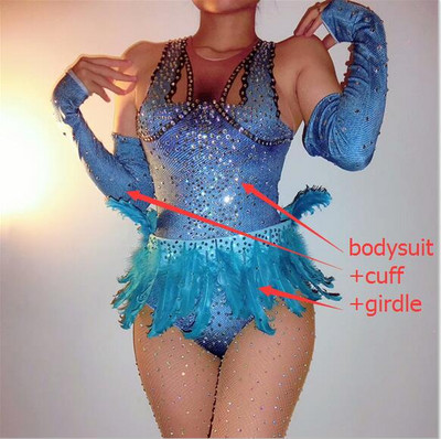 Blue Feathers Crystals Bodysuit Naine seksikas Skinny Catsuit ööklubi Baar DJ DS kostüümid Tantsurühmad lavaesinemine Riided