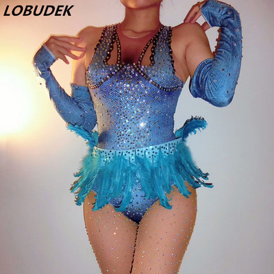 Blue Feathers Crystals Bodysuit Naine seksikas Skinny Catsuit ööklubi Baar DJ DS kostüümid Tantsurühmad lavaesinemine Riided