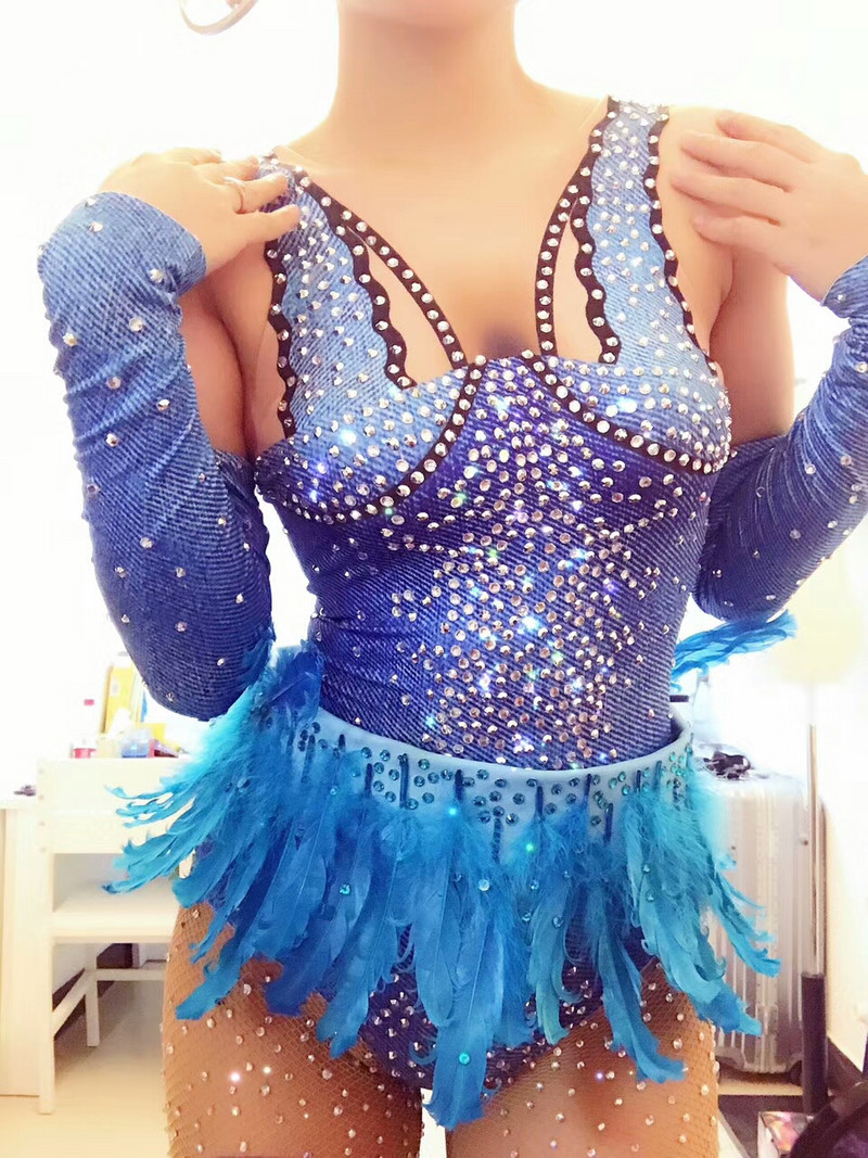 Blue Feathers Crystals Bodysuit Naine seksikas Skinny Catsuit ööklubi Baar DJ DS kostüümid Tantsurühmad lavaesinemine Riided