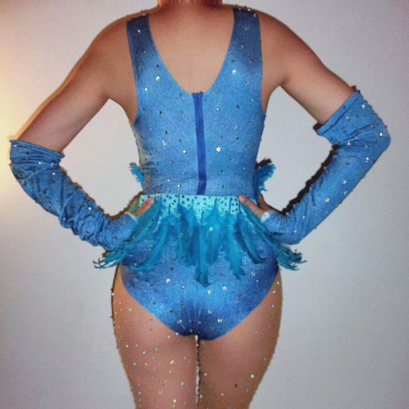 Blue Feathers Crystals Bodysuit Naine seksikas Skinny Catsuit ööklubi Baar DJ DS kostüümid Tantsurühmad lavaesinemine Riided
