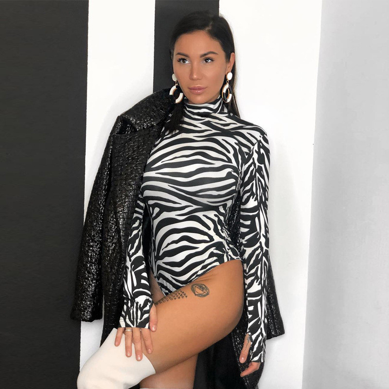 Body cu gât înalt cu mânecă lungă, model zebră, sexy, pentru femei, la modă, bodycon elastic, pentru petrecerea de Crăciun, 2019, primăvară, toamnă