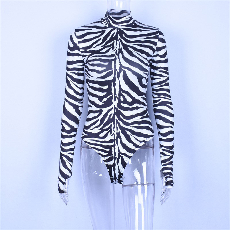 Body cu gât înalt cu mânecă lungă, model zebră, sexy, pentru femei, la modă, bodycon elastic, pentru petrecerea de Crăciun, 2019, primăvară, toamnă