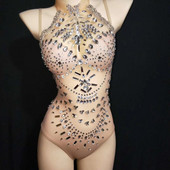 Perspective Mesh Crystal Bodysuits Nightclub Σέξι Κοστούμια χορού Γυναικείες Skinny Leotard Μπαρ Showgirl Stage Performance Κοστούμια