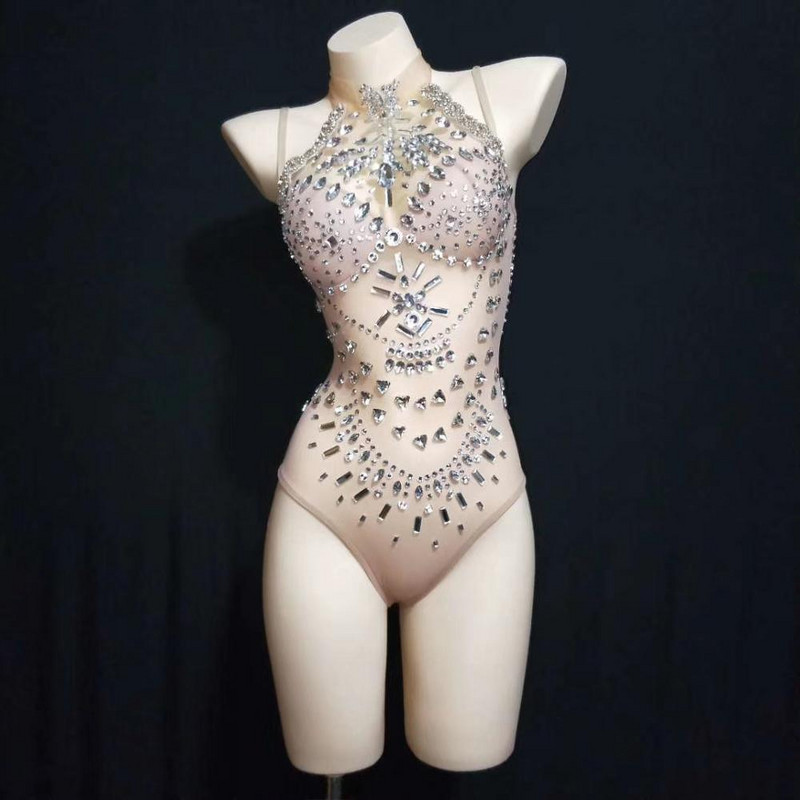 Perspective Mesh Crystal Bodysuits Nightclub Σέξι Κοστούμια χορού Γυναικείες Skinny Leotard Μπαρ Showgirl Stage Performance Κοστούμια