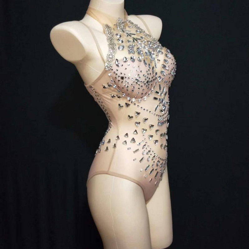 Perspective Mesh Crystal Bodysuits Nightclub Σέξι Κοστούμια χορού Γυναικείες Skinny Leotard Μπαρ Showgirl Stage Performance Κοστούμια