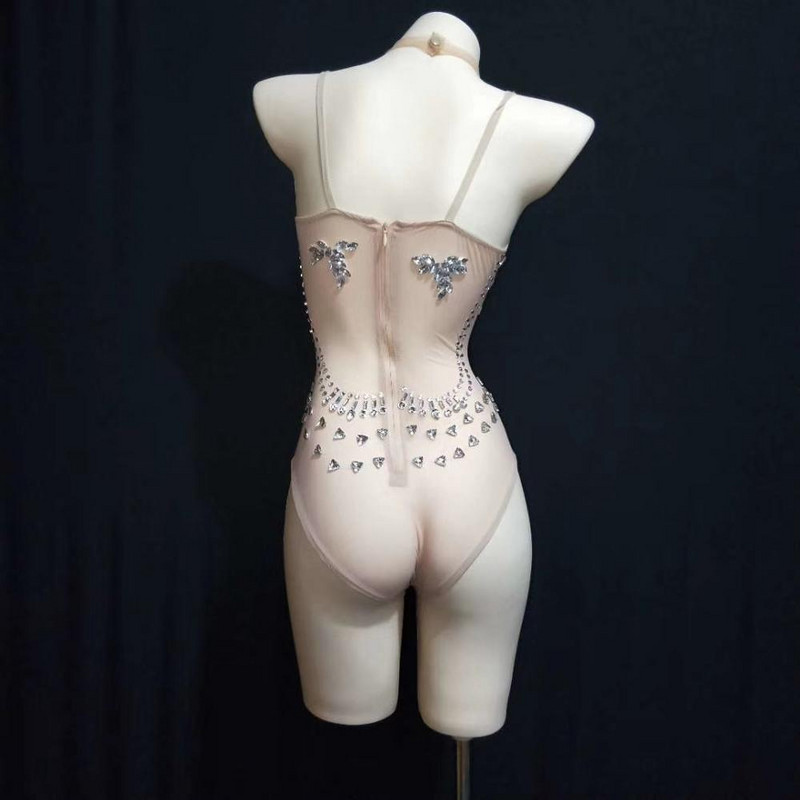 Perspective Mesh Crystal Bodysuits Nightclub Σέξι Κοστούμια χορού Γυναικείες Skinny Leotard Μπαρ Showgirl Stage Performance Κοστούμια