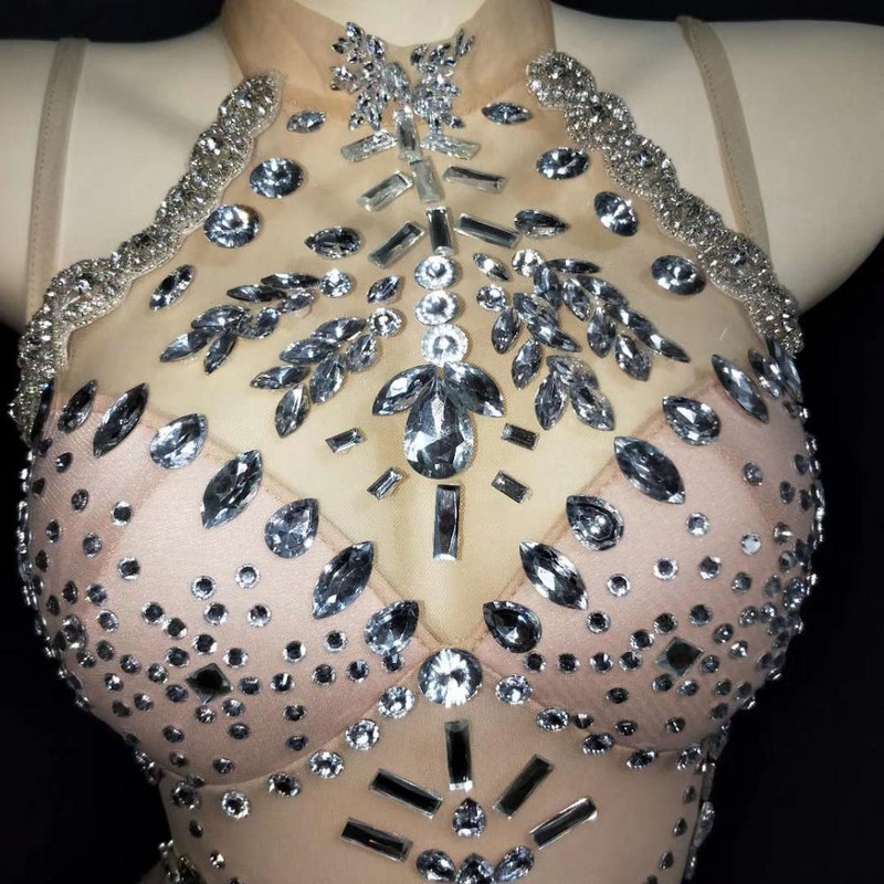 Perspective Mesh Crystal Bodysuits Nightclub Σέξι Κοστούμια χορού Γυναικείες Skinny Leotard Μπαρ Showgirl Stage Performance Κοστούμια