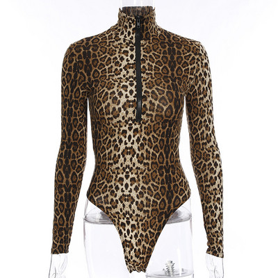 Bodi uz leopard print s visokim izrezom i dugim rukavima, zima, proljeće, ženska moda, ležerno tijelo za božićnu zabavu