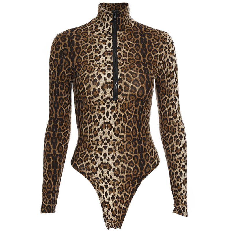 Bodi uz leopard print s visokim izrezom i dugim rukavima, zima, proljeće, ženska moda, ležerno tijelo za božićnu zabavu