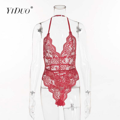 YiDuo bodi bez leđa s halterima s cvjetnim čipkama, prozirno žensko tijelo, vruće, seksi 2019., ženski prozirni bodi s dubokim V-izrezom za klupsku zabavu