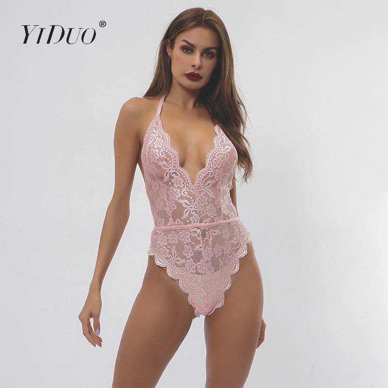 YiDuo bodi bez leđa s halterima s cvjetnim čipkama, prozirno žensko tijelo, vruće, seksi 2019., ženski prozirni bodi s dubokim V-izrezom za klupsku zabavu