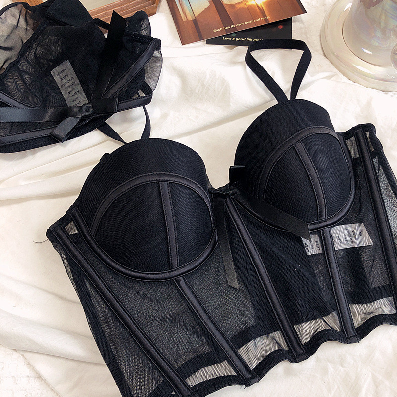 1/2 φλιτζάνι λεπτή γραμμή Push Up Broadside σουτιέν και σλιπ Σετ εσώρουχα με αφαιρούμενα λουράκια Mesh Patchwork Γυναικεία εσώρουχα σε σχήμα