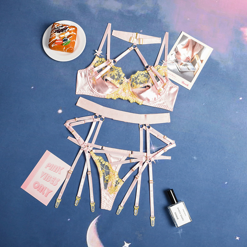 Ellolace Sensual Εσώρουχα Erotic Halter Διάφανο εσώρουχο με εσώρουχα Σουτιέν με δαντέλα Κέντημα επίδεσμος εξωτικά σετ