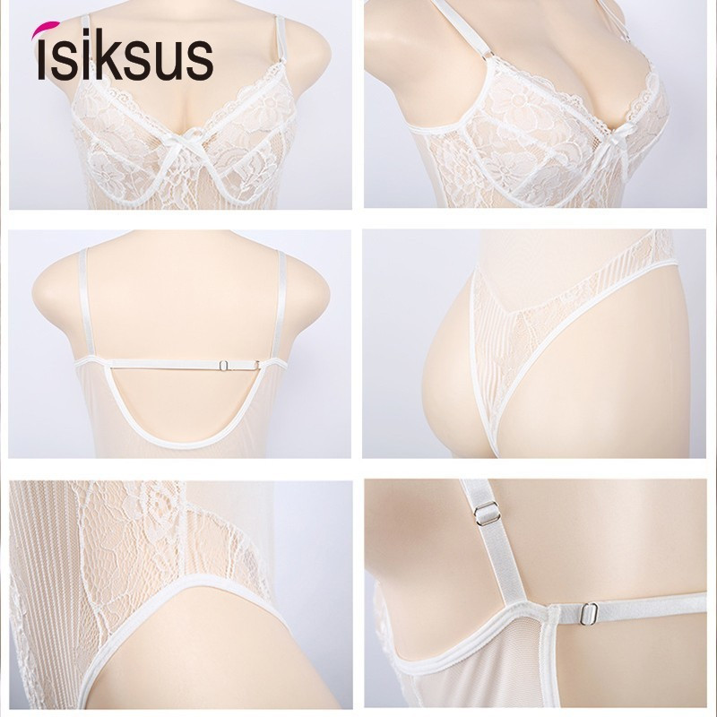 Isiksus Body de vară negru cu tanga, transparent, sexy, pentru femei, din dantelă, plasă albă, fără spate, fără umeri, 2019, pentru femei JS030