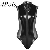 Moteriškas blizgus odinis triko triko kombinezonas Pusiau permatomas tinklinis užtrauktukas atviras tarpkojo aukšto kirpimo latekso naktinių klubų apranga Pole Dance