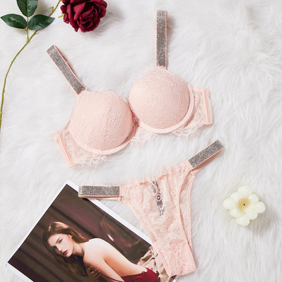 Ženski VS čipkasti grudnjak Komplet seksi push up kompleta donjeg rublja Slodovi sa kamenčićima Bešavni grudnjaci Gaćice Žensko intimno Ružičasto donje rublje