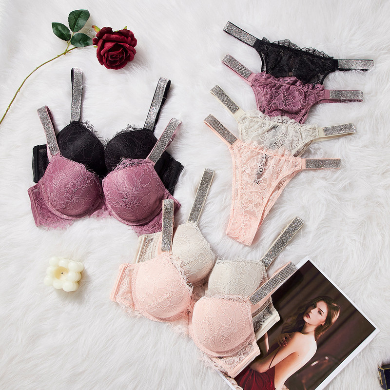 Naiste VS pitsist rinnahoidjakomplekt Seksikas Push Up pesukomplektid Kirikividega õmblusteta rinnahoidjad Aluspüksid Naiste intiimne roosa aluspesu komplekt