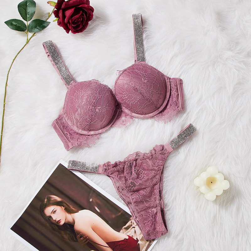 Naiste VS pitsist rinnahoidjakomplekt Seksikas Push Up pesukomplektid Kirikividega õmblusteta rinnahoidjad Aluspüksid Naiste intiimne roosa aluspesu komplekt