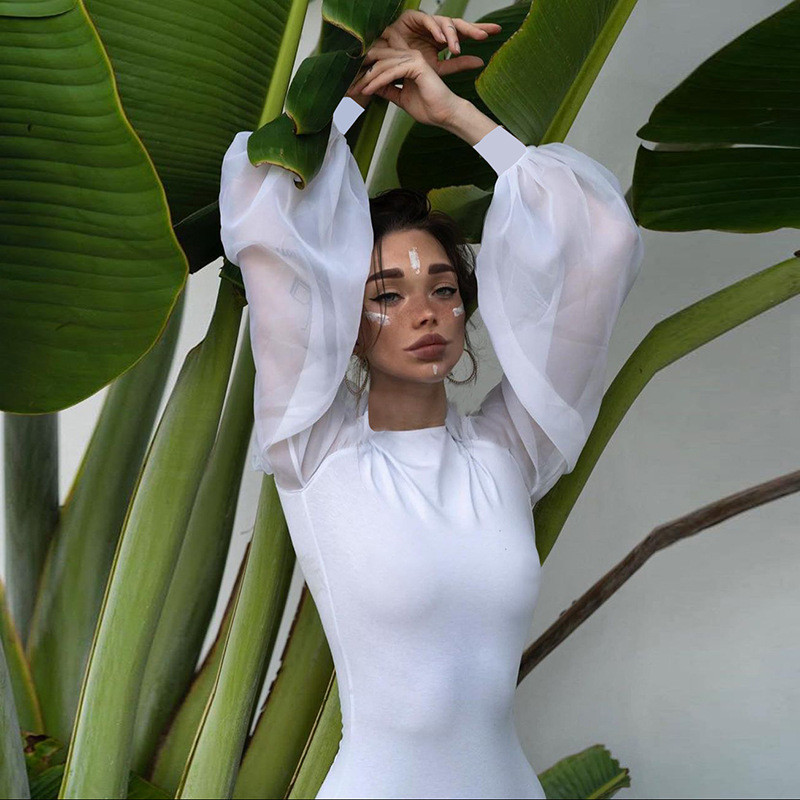 Naiste elegantsed ümara kaelusega võrklaternast pikkade varrukatega boditopsid Slim Fit kombinesoonid Solid Patchwork trikoo must uustulnuk