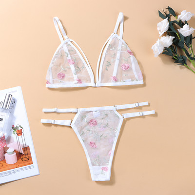 Seksikas pitsist rinnahoidja ja stringide võrk, läbipaistev pesu komplekt Tikand Lilleline aluspesu õhuke õõnes side, madala vöökohaga G-string 2tk