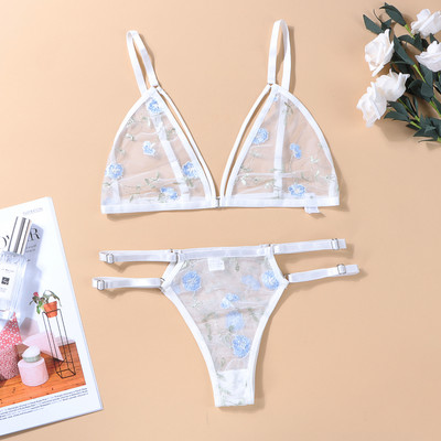 Seksikas pitsist rinnahoidja ja stringide võrk, läbipaistev pesu komplekt Tikand Lilleline aluspesu õhuke õõnes side, madala vöökohaga G-string 2tk
