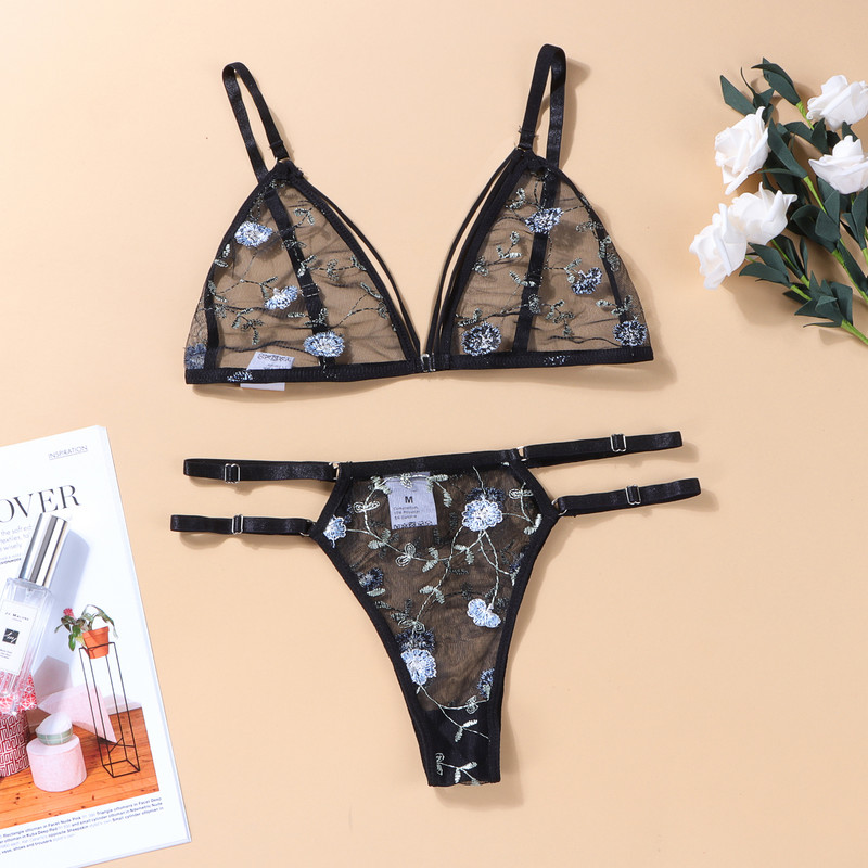 Seksikas pitsist rinnahoidja ja stringide võrk, läbipaistev pesu komplekt Tikand Lilleline aluspesu õhuke õõnes side, madala vöökohaga G-string 2tk