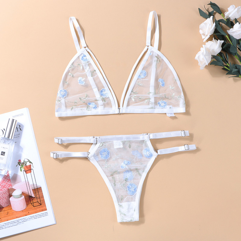 Seksikas pitsist rinnahoidja ja stringide võrk, läbipaistev pesu komplekt Tikand Lilleline aluspesu õhuke õõnes side, madala vöökohaga G-string 2tk