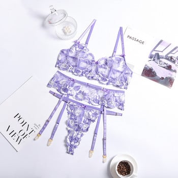 Ellolace Floral Lingerie Embroidery Дамско бельо Комплект изискан дантелен сутиен Комплект Push Up Thongs с жартиери Секси еротични комплекти гащета