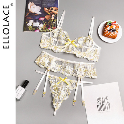 Ellolace lenjerie florală broderie Set de lenjerie intimă pentru femei Kit sutien din dantelă fantezie Tanga push up cu jartiere Seturi de slip erotic sexy