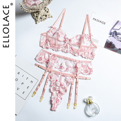 Ellolace lenjerie florală broderie Set de lenjerie intimă pentru femei Kit sutien din dantelă fantezie Tanga push up cu jartiere Seturi de slip erotic sexy