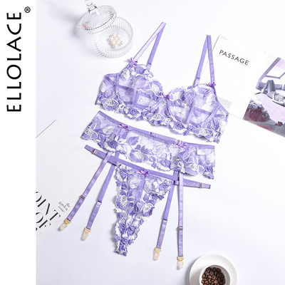 Ellolace lenjerie florală broderie Set de lenjerie intimă pentru femei Kit sutien din dantelă fantezie Tanga push up cu jartiere Seturi de slip erotic sexy