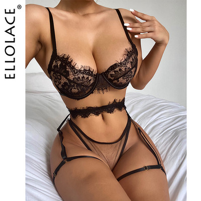 Ellolace Sensual Lenjerie Sexy 3 piese Dantela neagra Seturi de slip erotic transparent cu jartiere Set de lenjerie de corp Langerie Bilizna