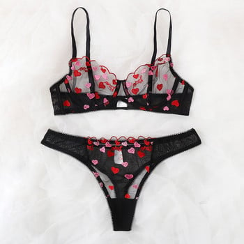 Love Heart-shaped Embroidery Sutien G-String Thong Sleepwear Бельо Дамско бельо Сутиен и къси перспективни екзотични комплекти