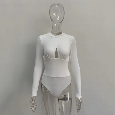 Body cu mânecă lungă, cu talie înaltă, pliuri pentru femei, de culoare solidă, sexy, cu spate, salopetă de modă casual